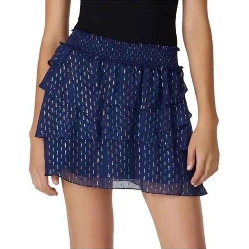 Ramy Brook Tabitha Tiered Metallic Mini Skirt Women's Small Blue Silk Blend